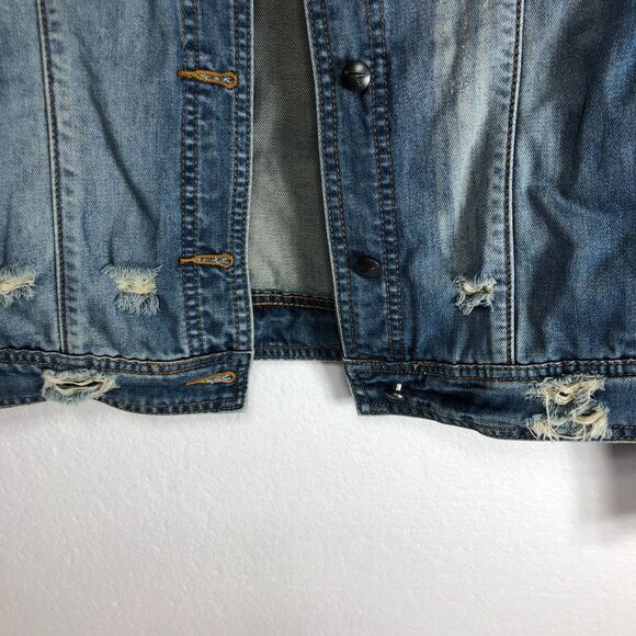 White Crow Distressed Denim Jean Jacket Fade Stars Stripes Womens Size M Boho - Picture 4 of 13